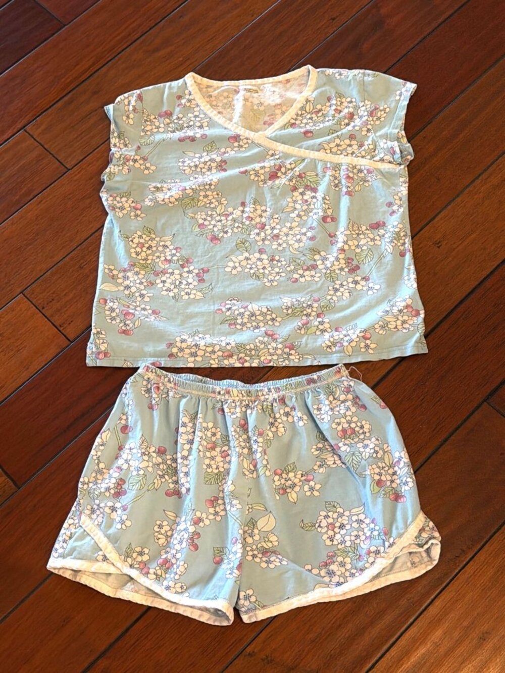 Garnet Hill Pajama SET Size M Blue Floral Green Cotton Short Sleeve Shorts